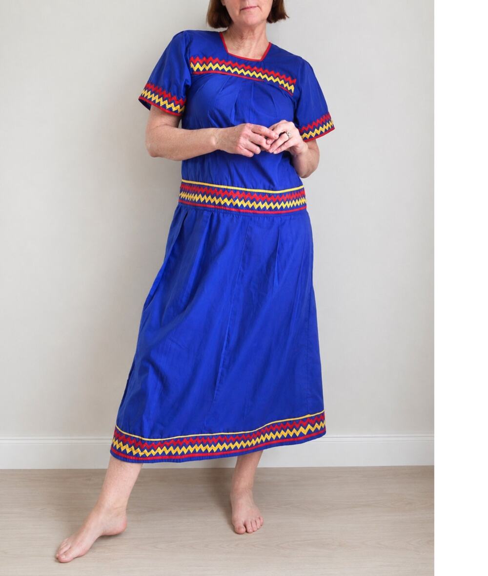 Vintage Handmade Ethnic Dress Cotton Cobalt Blue Ric rac Trim Size Sm